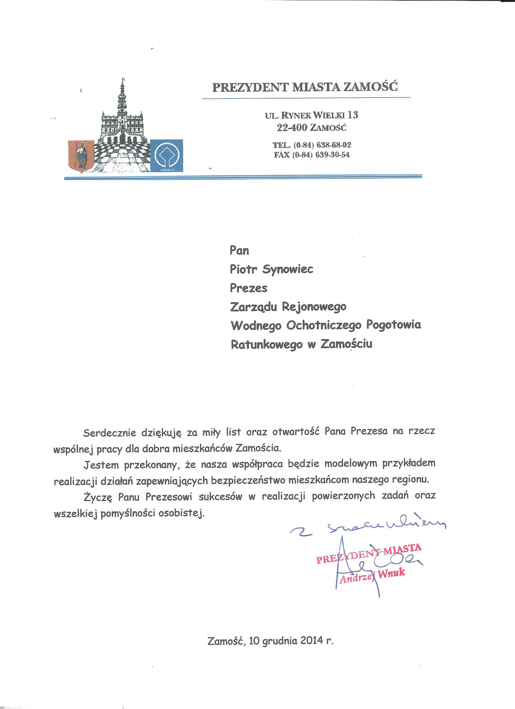 Prezydent zamoscia list 2014